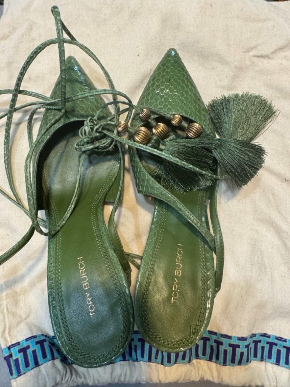 Tory Burch Olive Green Pointed-Toe Lace-Up Tassel Flats